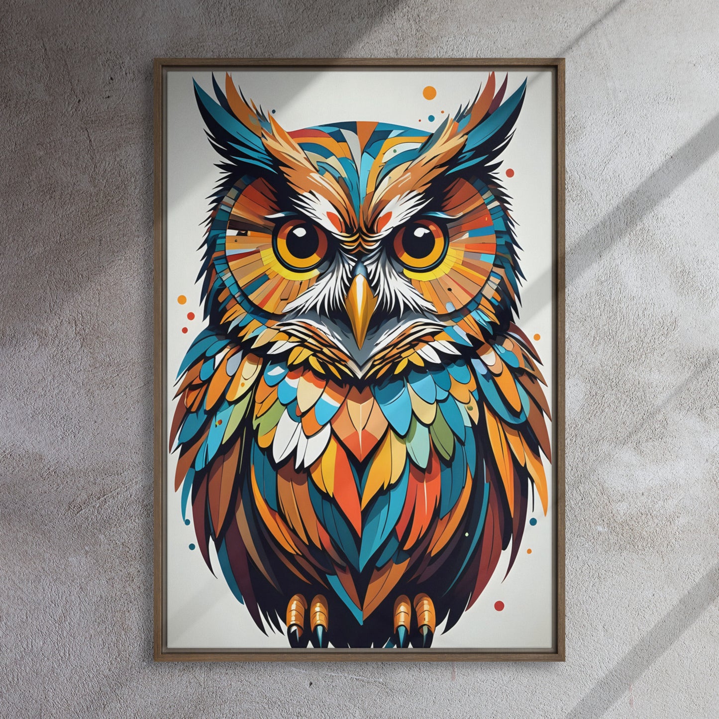 Feather Symphony Canvas: Multicolored Owl