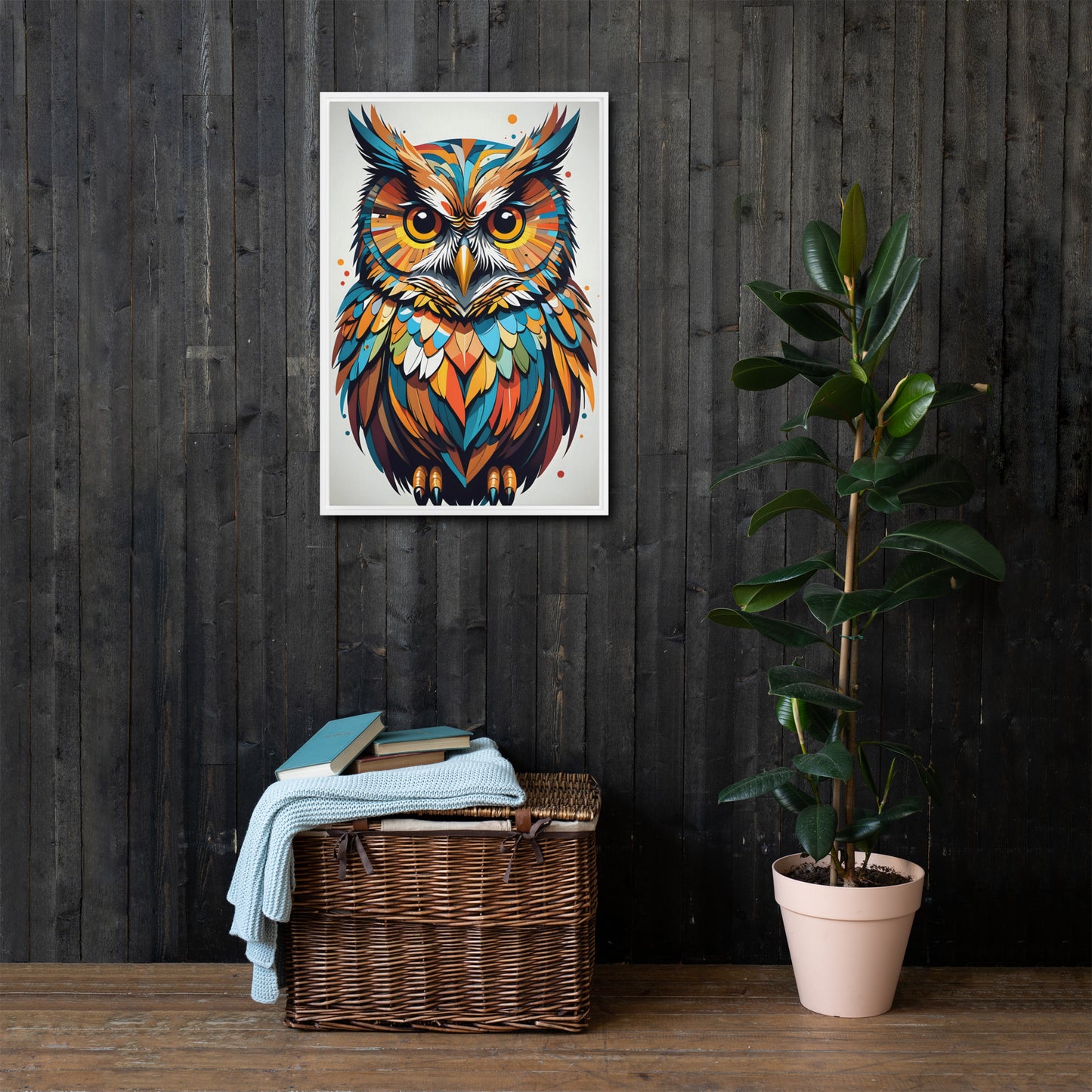 Feather Symphony Canvas: Multicolored Owl